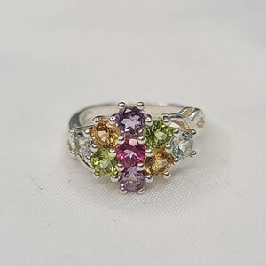 Sterling Silver & Multi Gemstone Cocktail Ring Signed Thailand 925 , Size 7